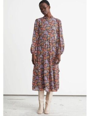 Paris Atelier Floral Long Sleeve Tiered Midi Dress Size 4 Cottage Prairie Modest